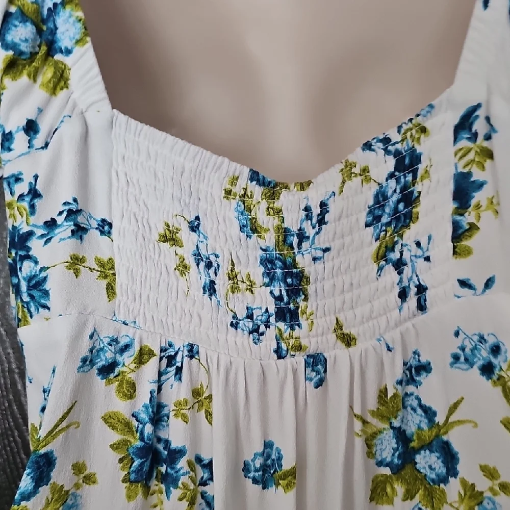 Free People White Floral Button Front Blouse with Blue and Green Print